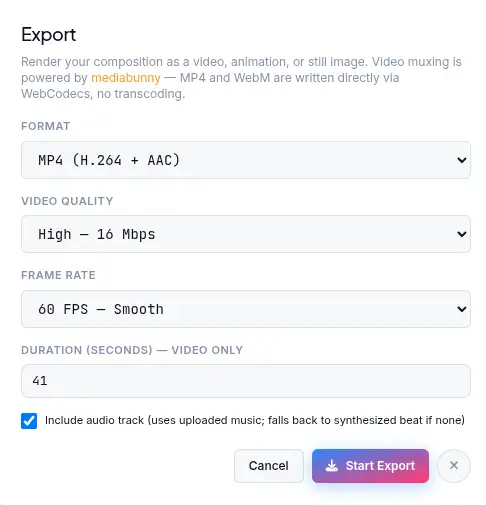 Background Generator export settings showing MP4 and WebM video format options with resolution and audio inclusion