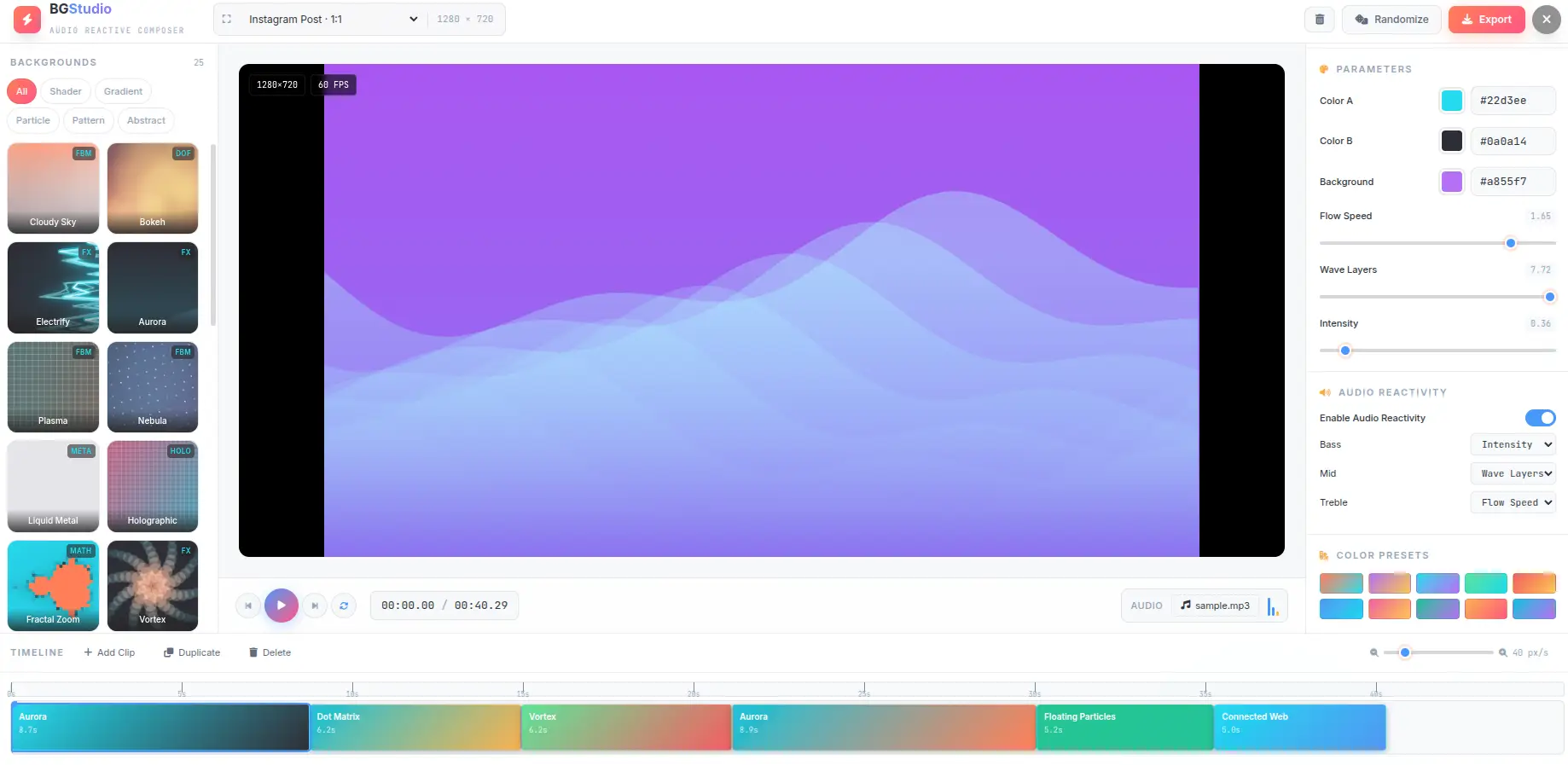 Background Generator — Audio-reactive animated background studio with timeline composer, 25+ backgrounds, and MP4/WebM export