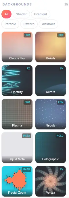Background Generator template gallery showing 25+ animated backgrounds across shader, gradient, particle, pattern, and abstract categories