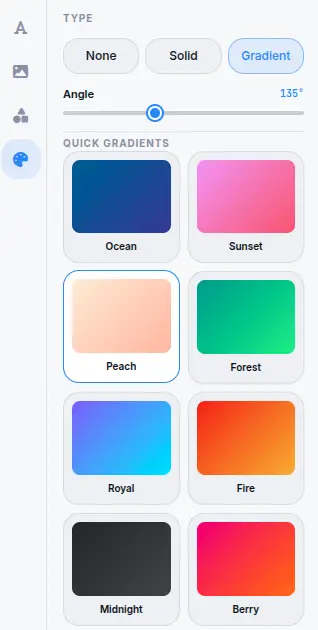 Background Remover background properties panel with solid color, gradient, and custom image background options