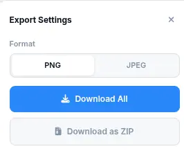 Background Remover export settings showing PNG and JPEG format options with quality slider and ZIP download