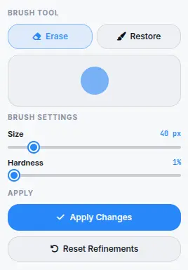 Background Remover refine settings with erase and restore brush controls, size, and hardness sliders