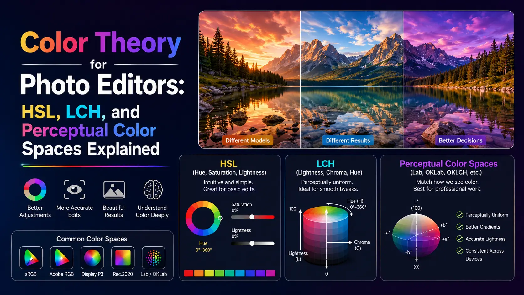 Color theory for photo editors — HSL vs OKLCH color wheel comparison showing perceptual uniformity differences