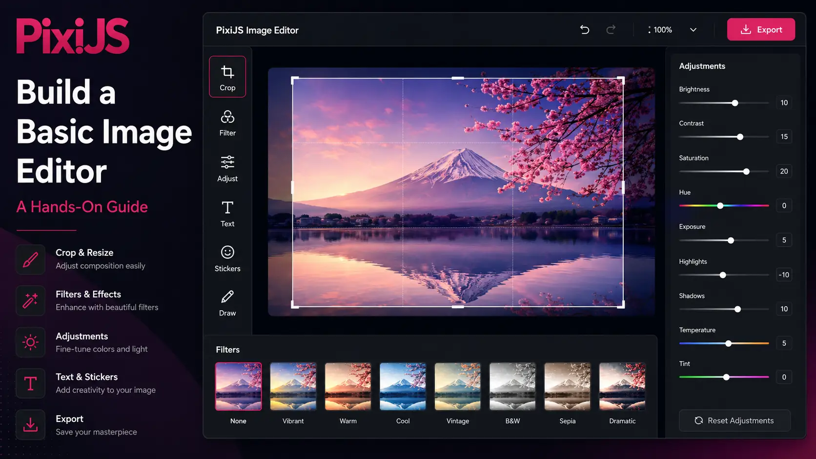 PixiJS image editor tutorial showing a dark UI with crop, filter, and adjustment controls for brightness, contrast, saturation, and hue