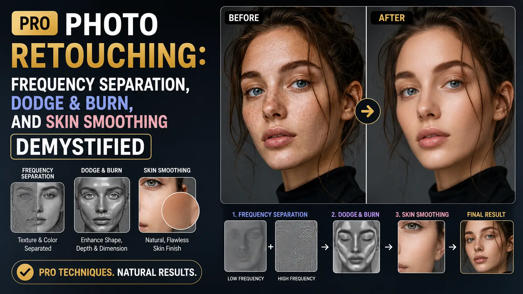 Pro photo retouching techniques — frequency separation workflow showing low and high frequency layer decomposition