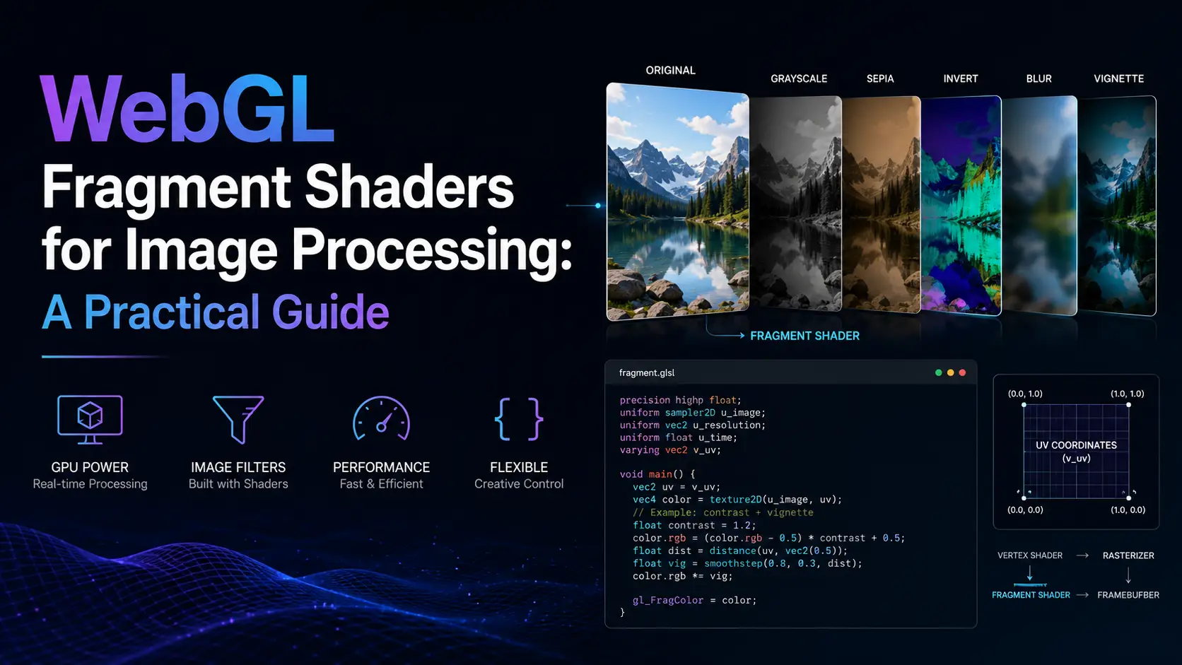 WebGL fragment shaders for image processing — GLSL code example with convolution kernel visualization and GPU pipeline diagram