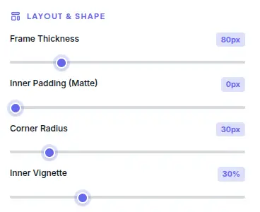 Frame Generator layout and shape controls with thickness, padding, corner radius, and shadow settings