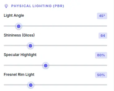 Frame Generator PBR lighting controls with light angle, shininess, specular, and fresnel parameters for photorealistic rendering