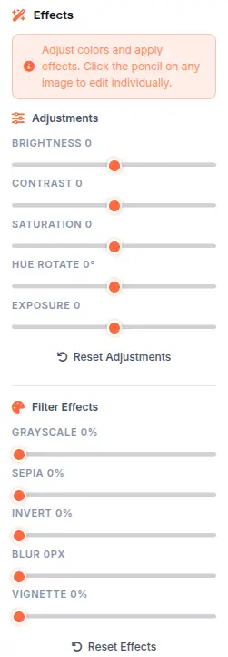 Image Editor adjustments and filters panel with brightness, contrast, saturation, hue, and exposure sliders plus effect presets