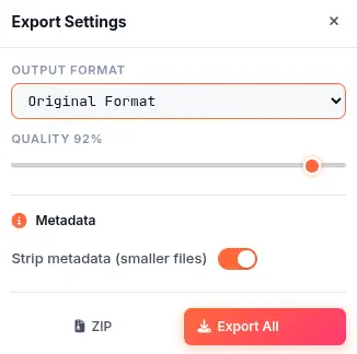 Image Editor export settings showing PNG, JPEG, and WebP format options with quality slider and batch rename patterns