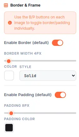 Image Editor frame and border settings with solid and double border options, padding controls, and frame styles