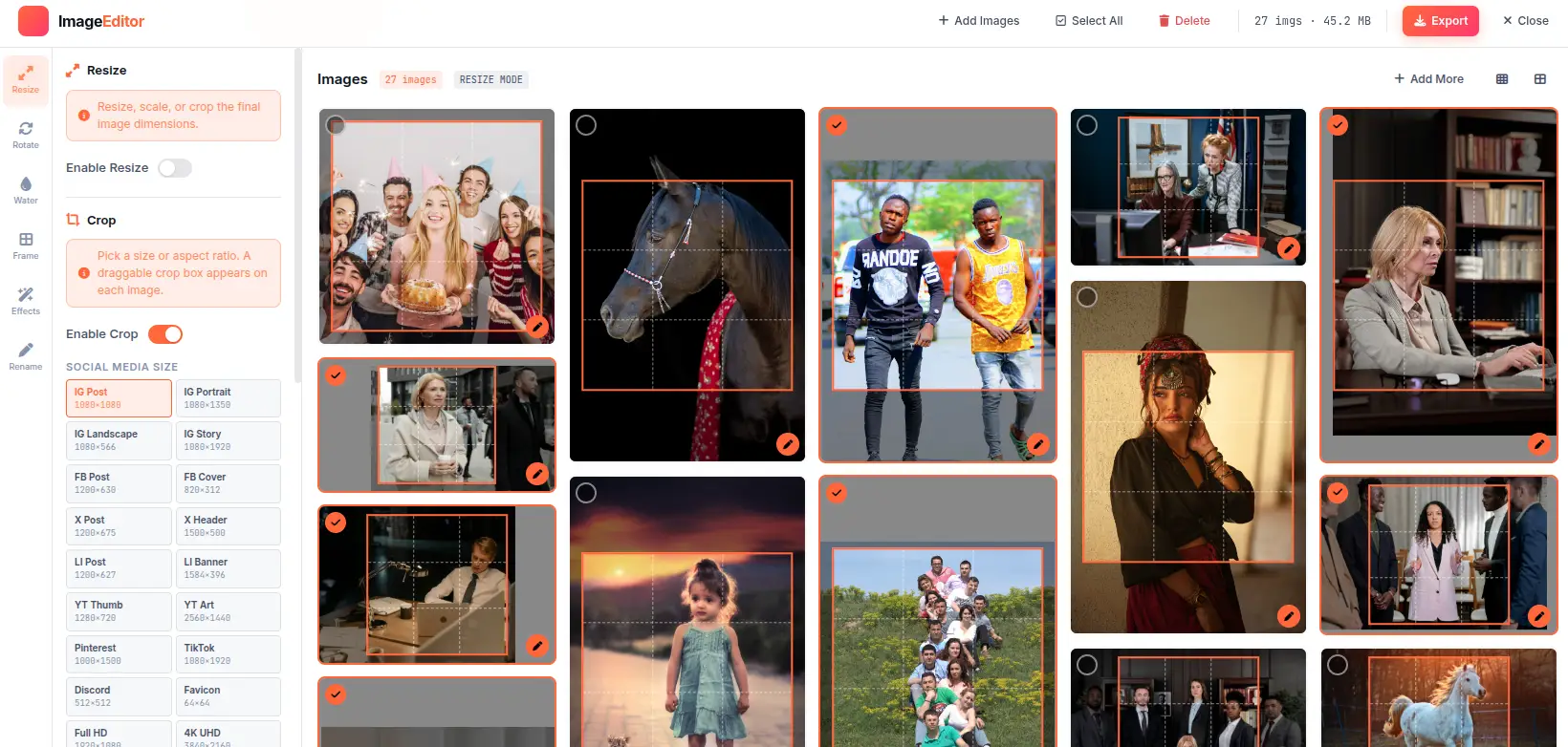 Image Editor — Batch image editing studio with crop, resize, watermark, adjustments, effects, and export controls