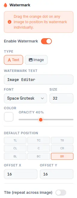 Image Editor watermark settings with text and image watermark options, 30 Google Fonts, 9-position grid, and tile mode controls