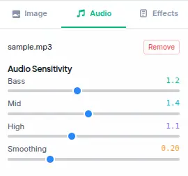 Image Effects Generator audio settings with frequency band selectors and audio-reactive parameter mapping
