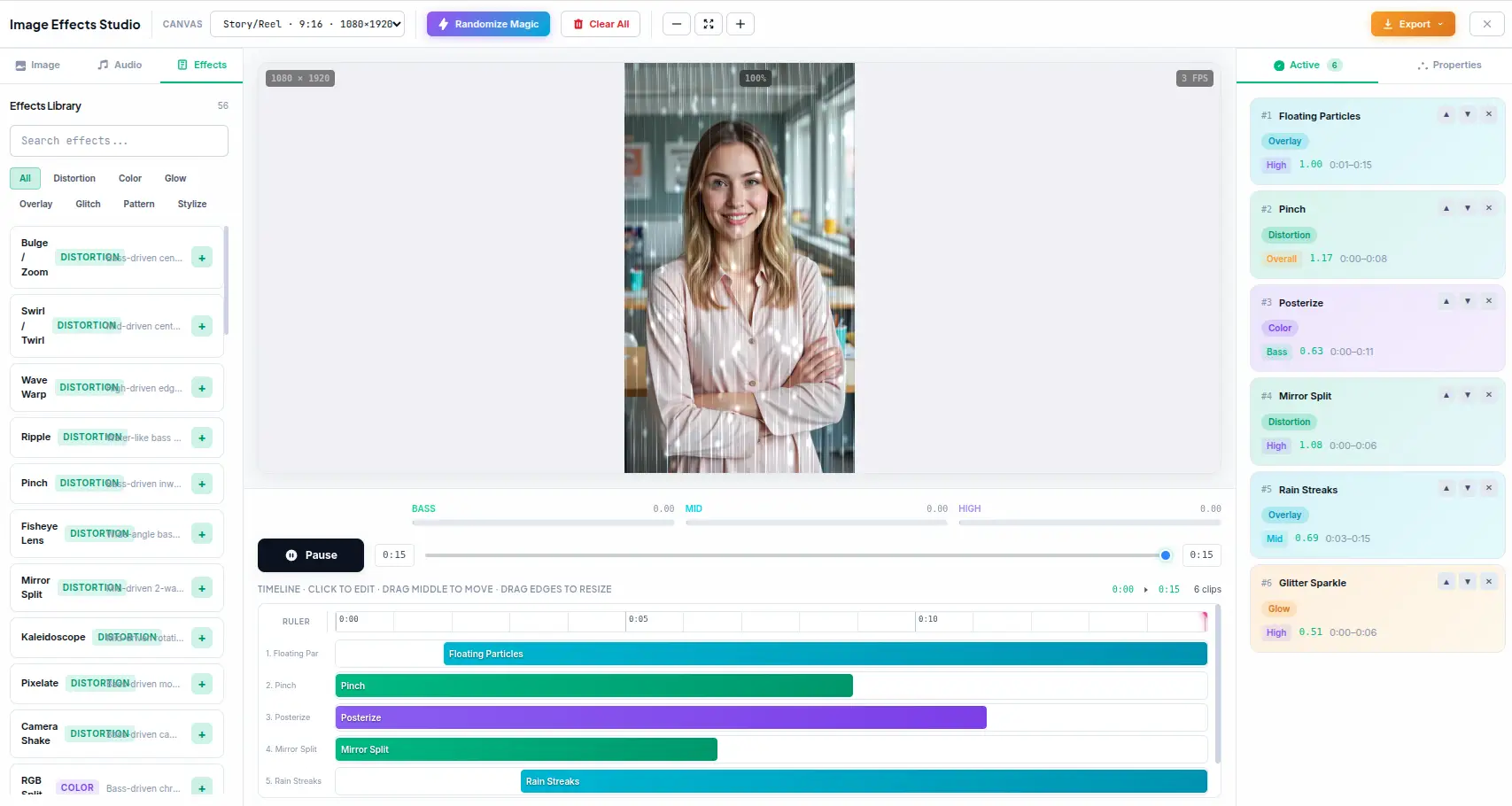 Image Effects Generator — Audio-reactive animated photo effects studio with 56 GLSL shaders, timeline sequencing, and WebM/MP4/PNG/JPG export