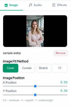 Image Effects Generator image settings with social media canvas presets and fit modes