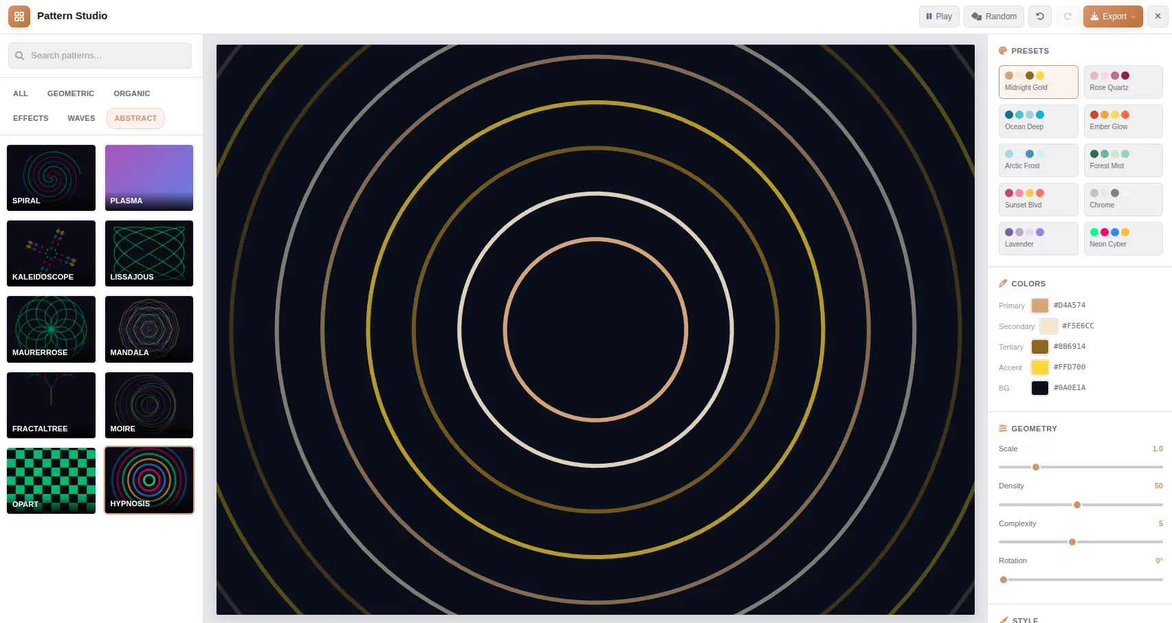 Pattern Generator — Animated generative pattern studio with 120+ patterns, 10 color presets, and PNG/SVG/WebM/MP4 export