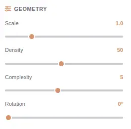 Pattern Generator geometry settings with scale, density, complexity, and rotation sliders for fine-tuning