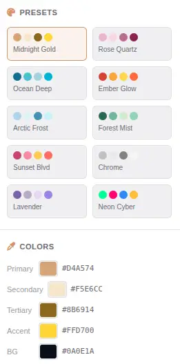 Pattern Generator color presets panel showing 10 curated palettes with 4 color slots and custom color pickers