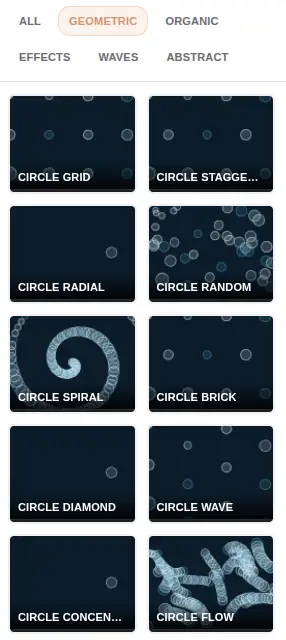 Pattern Generator templates gallery showing 120+ animated patterns across 6 categories with preview thumbnails