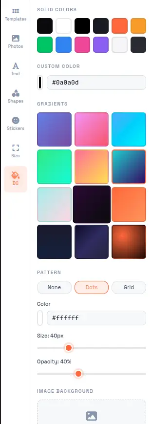 Photo Collage Maker backgrounds panel showing solid colors, gradient presets, custom color picker, and dot/grid patterns