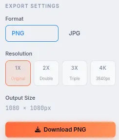 Photo Collage Maker export settings showing PNG and JPG format options with high-resolution canvas output