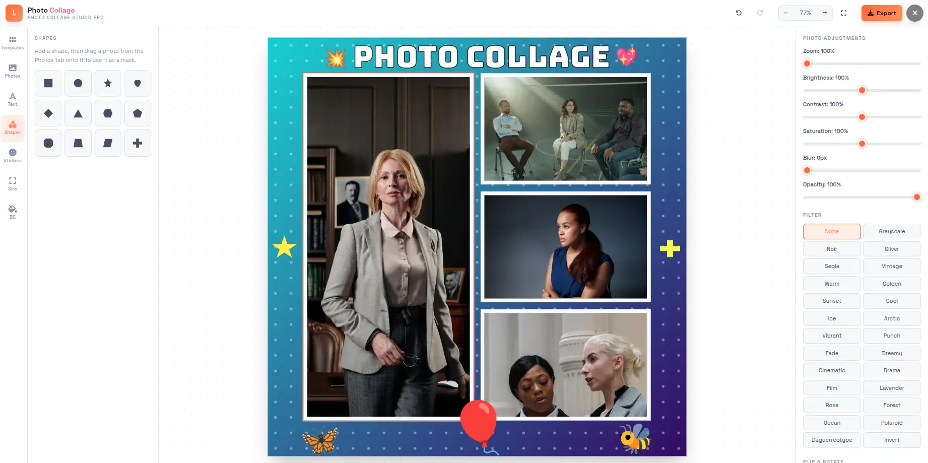 Photo Collage Maker — Collage studio with 50+ templates, shape masks, filters, text overlays, and high-resolution export