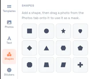 Photo Collage Maker shape mask selector showing circle, star, heart, diamond, hexagon, triangle, and other shape options