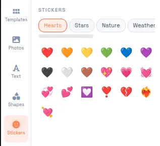 Photo Collage Maker sticker library showing 140+ emoji stickers across 8 categories including hearts, stars, nature, and party