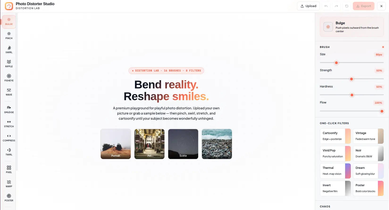Image Distorter — Distortion brush studio with 16 brushes, 8 filters, real-time WebGL rendering, and PNG export