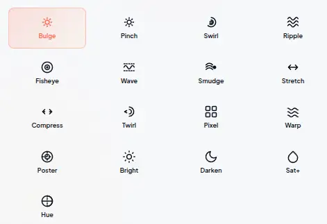 Image Distorter toolbar showing 16 distortion brush tools with warp, drag, style, and color categories