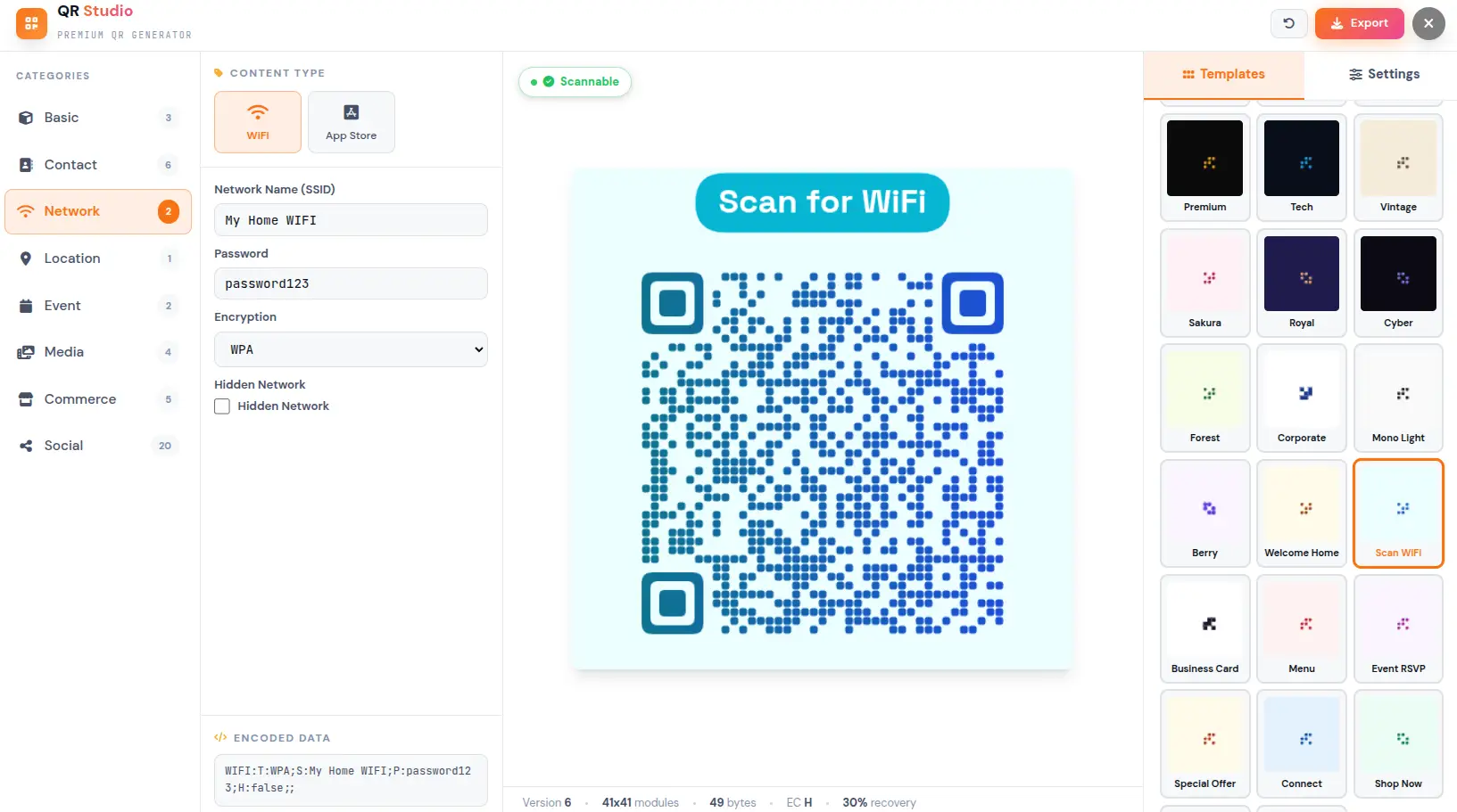 QR Code Studio — Premium QR code generator with 30+ content types, 20+ templates, custom dot styles, frames, logo embedding, and SVG export