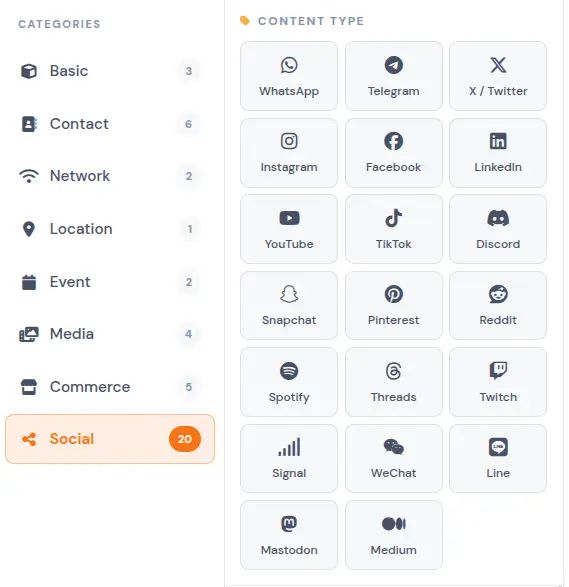 QR Code Studio content type selector showing 20+ social media platforms including WhatsApp, Telegram, Instagram, Facebook, LinkedIn, YouTube, TikTok, Discord, and more