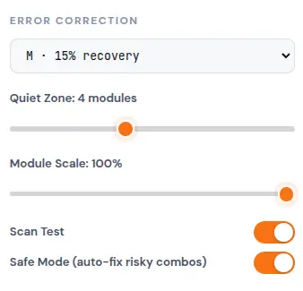 QR Code Studio error correction and safety settings with error correction level selector, quiet zone slider, module scale, scan test toggle, and safe mode auto-fix toggle