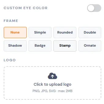 QR Code Studio frame styles, eye color toggle, and logo upload settings with 8 frame options and drag-and-drop logo area