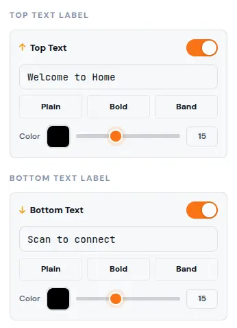 QR Code Studio text label settings showing top text label with "Welcome to Home" and bottom text label with "Scan to connect", each with Plain, Bold, Band style options and color pickers