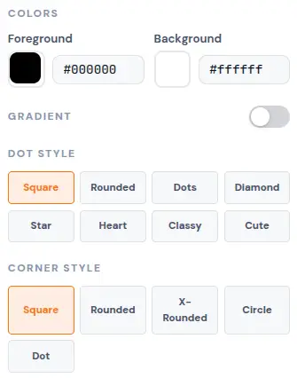 QR Code Studio style settings panel showing 8 dot styles (Square, Rounded, Dots, Diamond, Star, Heart, Classy, Cute) and 5 corner styles with color pickers and gradient toggle