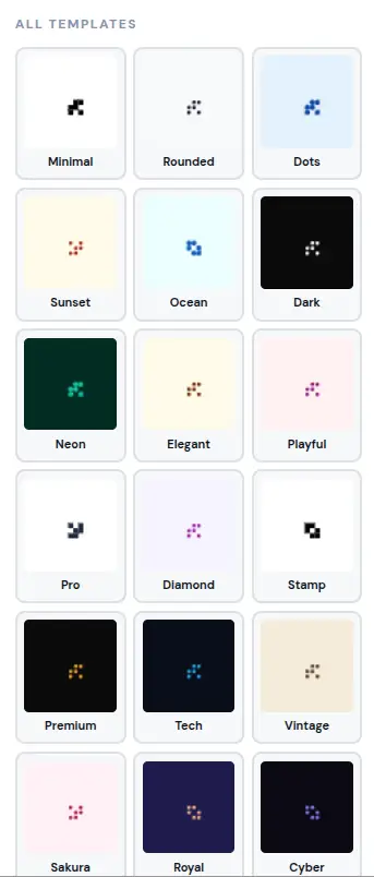 QR Code Studio template gallery showing 18+ designer templates including Minimal, Rounded, Dots, Sunset, Ocean, Dark, Neon, Elegant, Playful, Pro, Diamond, and more