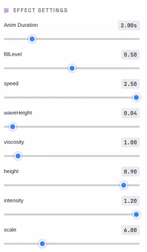 Text Effects Generator shader effects panel showing 43 GLSL shader presets across 10 categories with real-time parameter controls