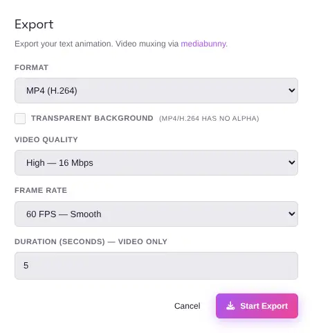 Text Effects Generator export settings with format options for WebM, MP4, PNG, and JPG with quality and resolution controls