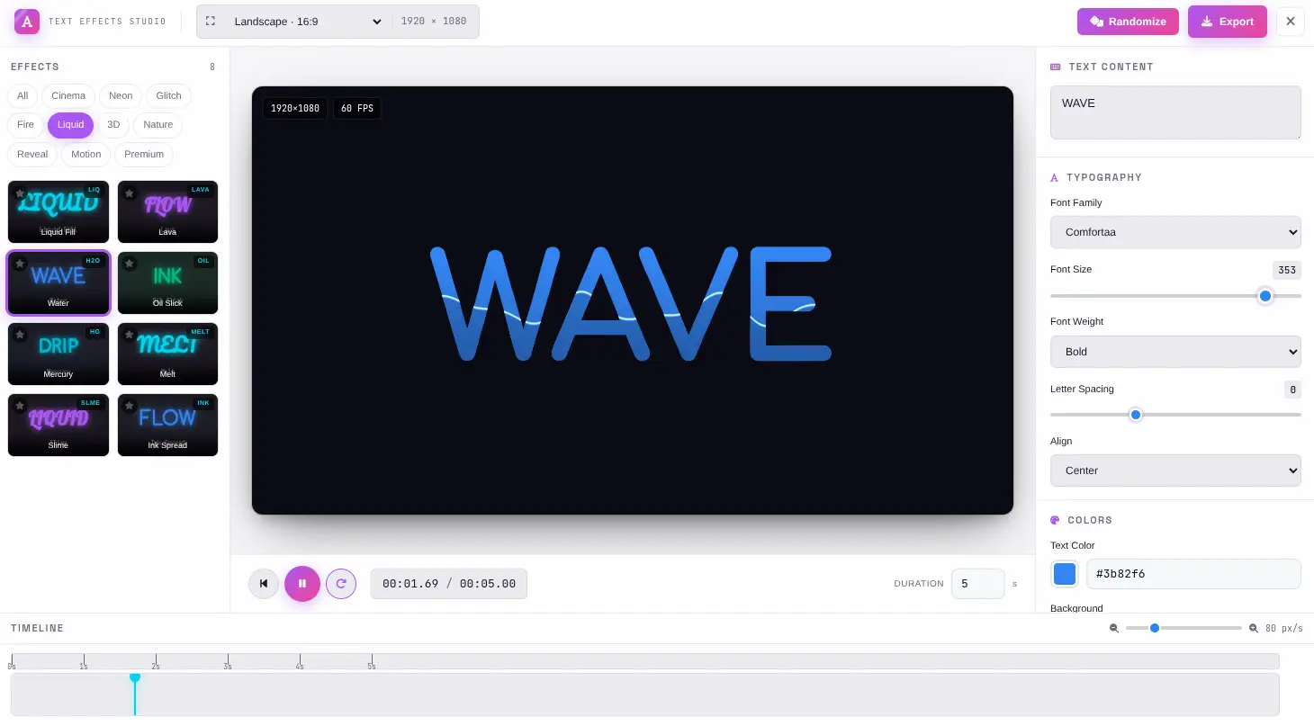Text Effects Generator — Full preview canvas with animated text effect, timeline controls, and shader parameters