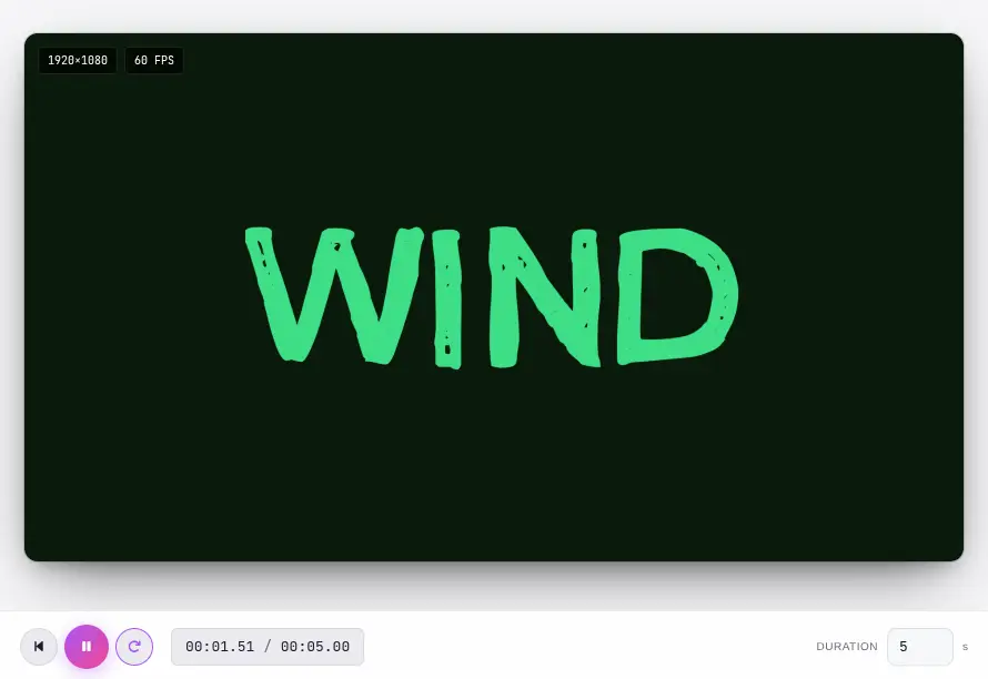 Text Effects Generator live preview canvas with real-time controls for shader parameters and animation timing