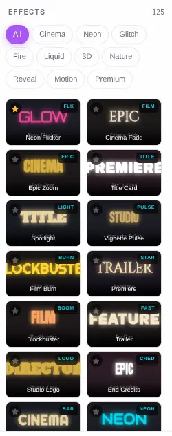 Text Effects Generator preset gallery showing 126 text effect templates across 10 categories with thumbnail previews