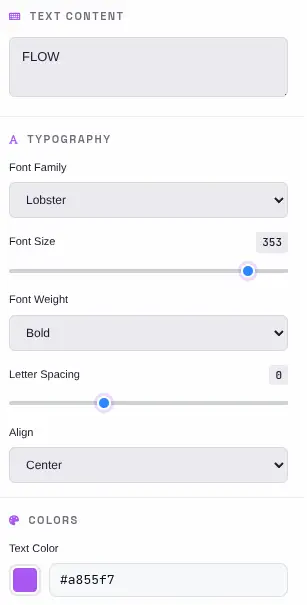 Text Effects Generator text settings panel with font family selector, size, weight, color, alignment, and position controls